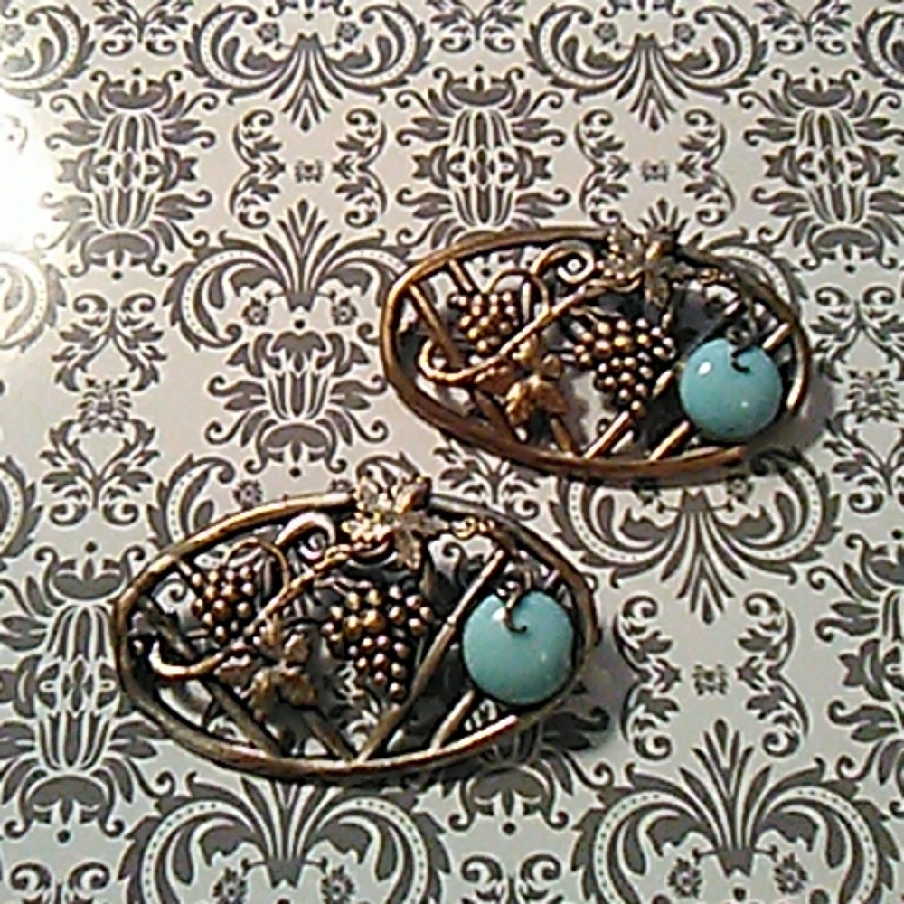 Gorgeous Antique Brass Grape Vine Brooches w/Turq